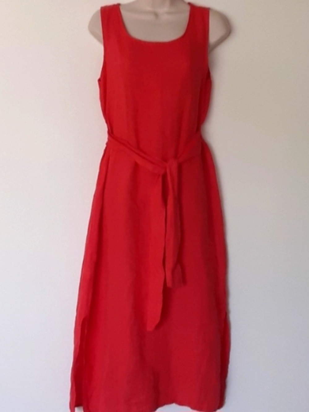 100% Pure Italian Linen Red Sleeveless Tie-Waist Midi Dress Flattering